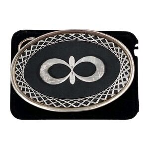 Vintage Etched Infinity Symbol Belt Buckle Black w Silver Tone Western Wear 80s